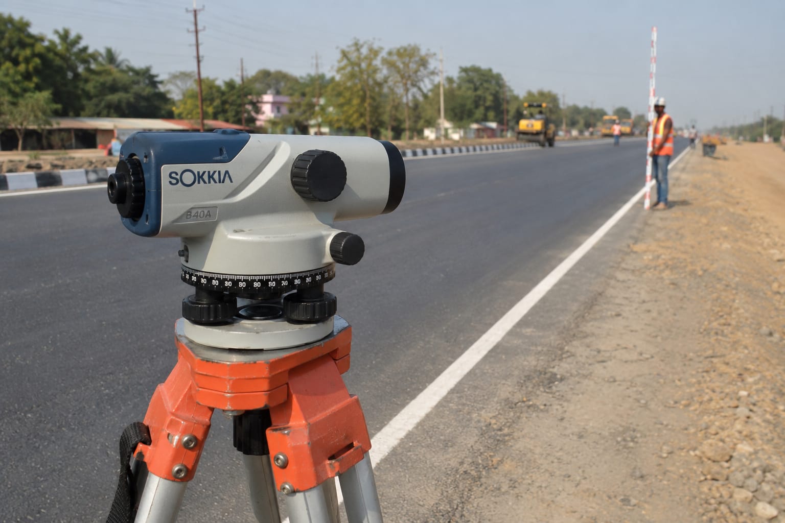 Sokkia auto-level survey instrument on tripod during a road alignment survey — professional land surveying services across Kerala