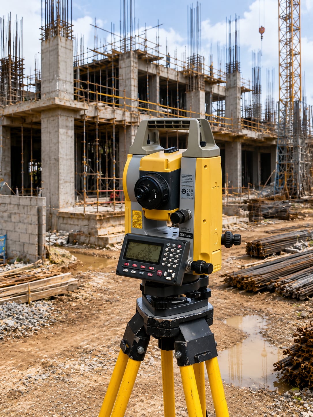 Total Station survey instrument set up at a building construction site — Static Survey Solutions setting-out and layout survey work